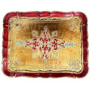 Vintage Florentine Gilt Tray with Red Lacquer Border